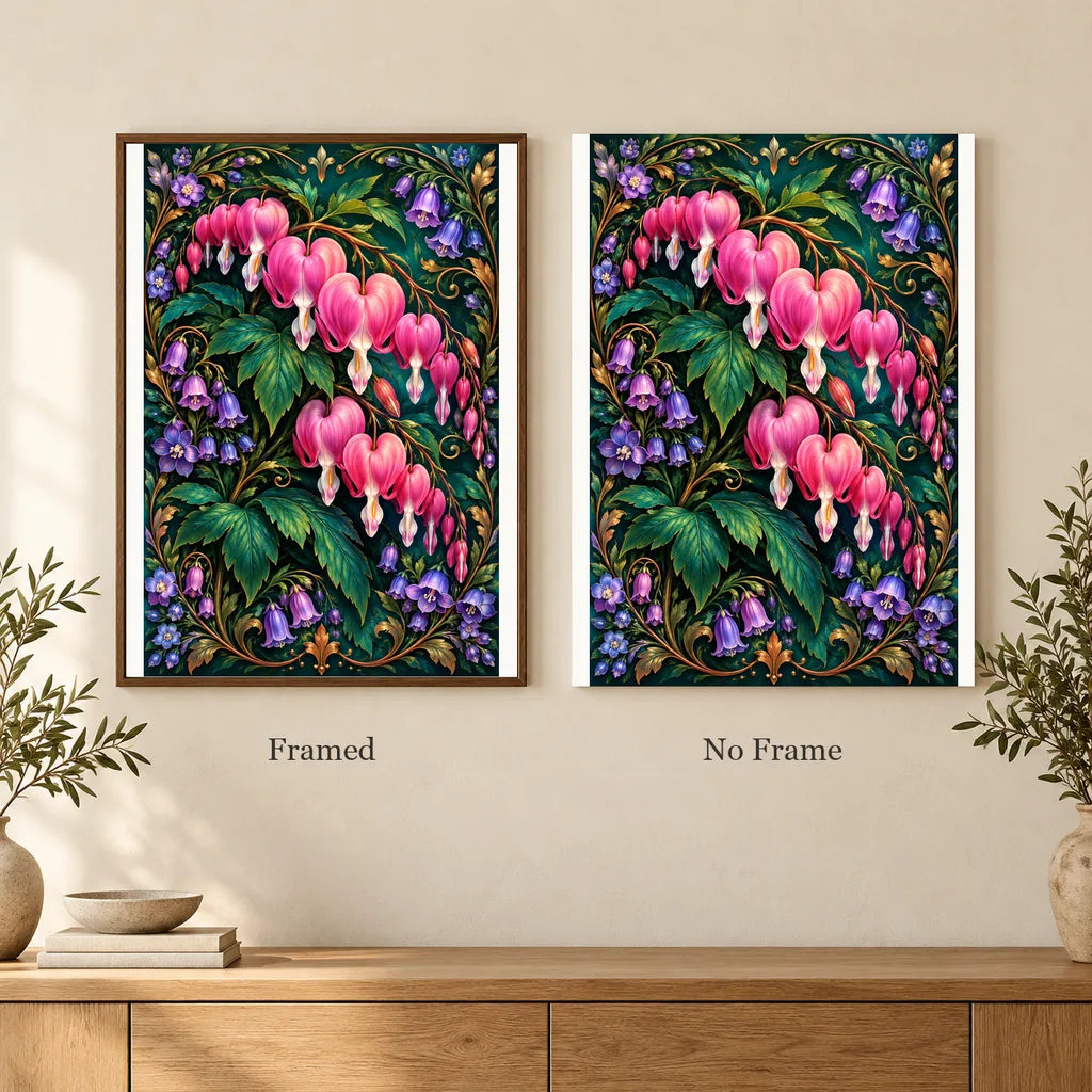 Framed and no-frame options for the Bleeding Heart Velvet Vine diamond painting