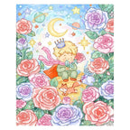 White-background original artwork of a blond prince and fox among roses beneath a crescent moon
