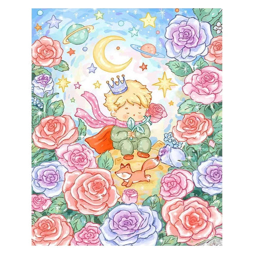 White-background original artwork of a blond prince and fox among roses beneath a crescent moon