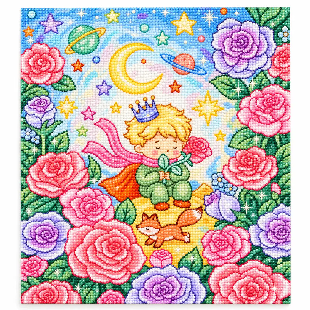 White-background diamondized artwork of a blond prince and fox in a pastel rose garden