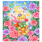 White-background diamondized artwork of a blond prince and fox in a pastel rose garden