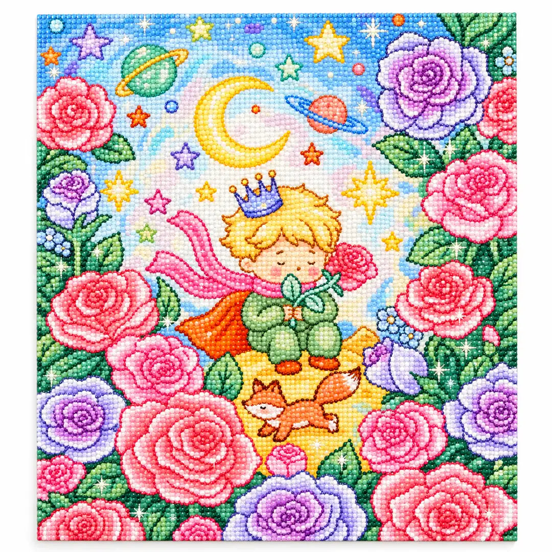 White-background diamondized artwork of a blond prince and fox in a pastel rose garden