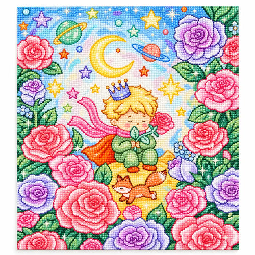 White-background diamondized artwork of a blond prince and fox in a pastel rose garden