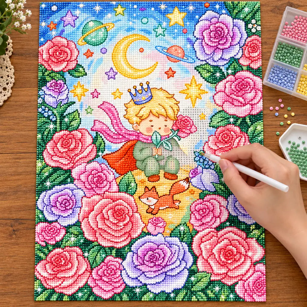 Diamond painting process showing a blond prince and fox among roses being completed with a stylus