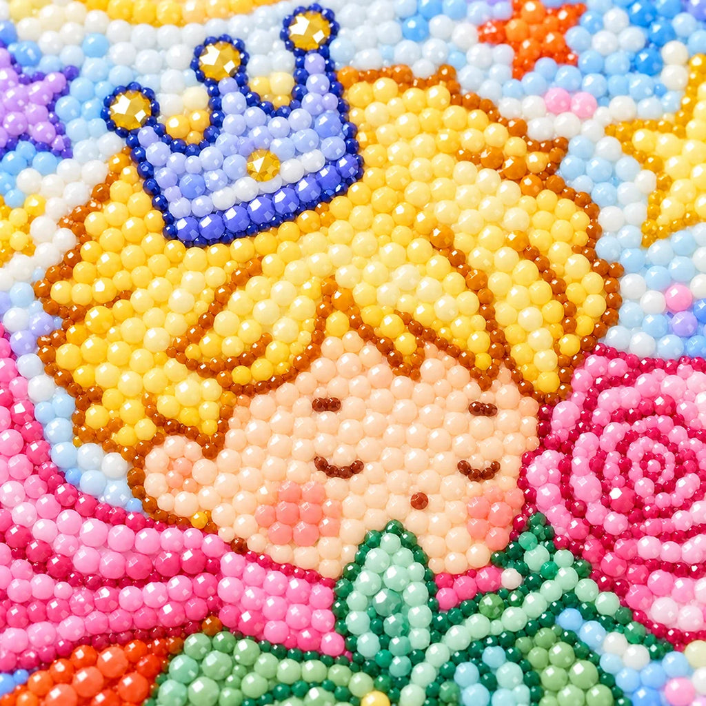 Close-up diamond drill detail of the prince, fox, and pastel roses