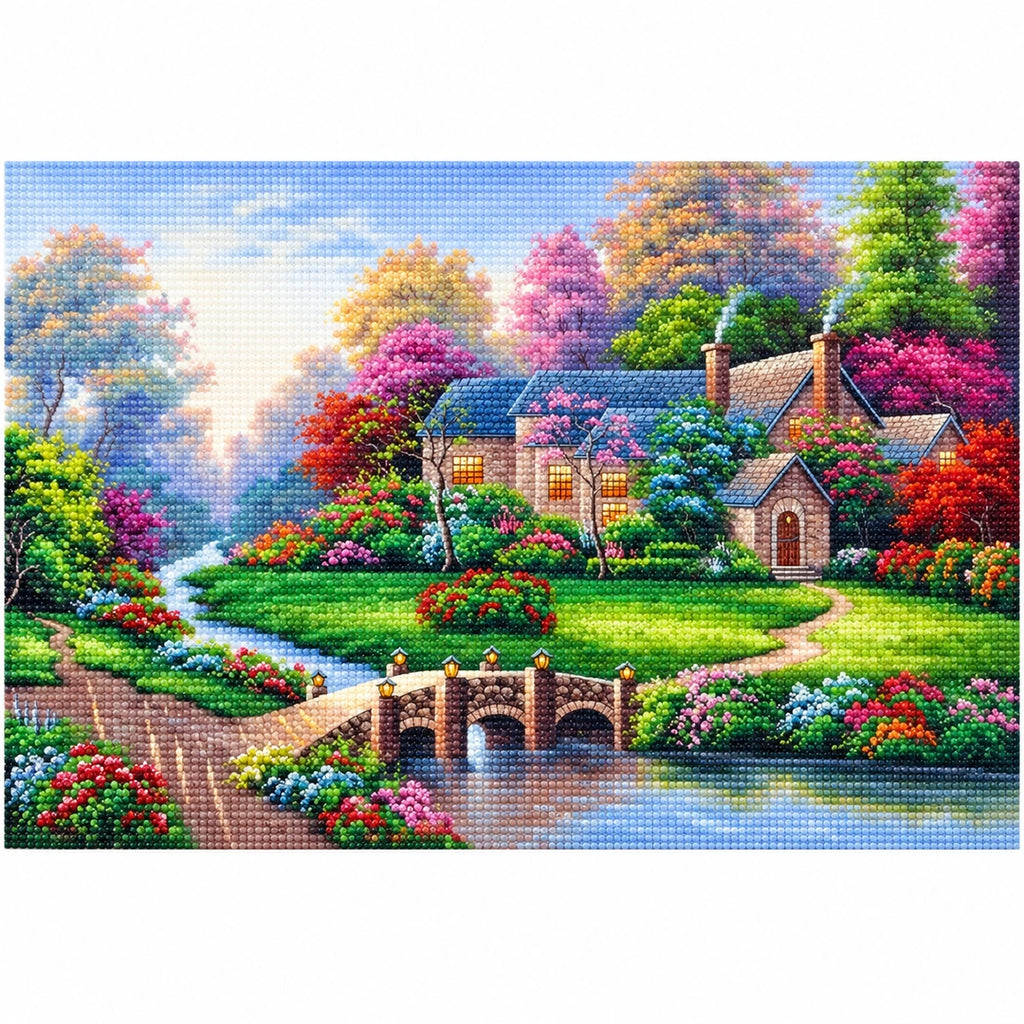 Blooming Lakeside Cottage Diamond Painting Kit finished landscape diamond painting product