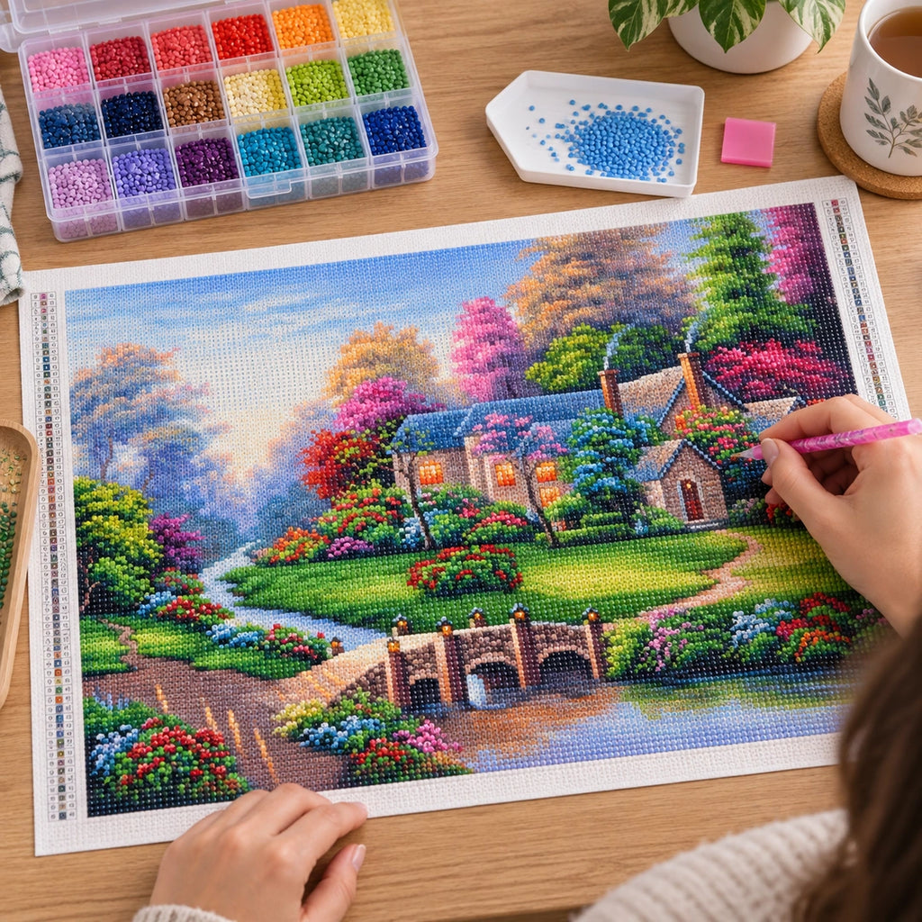 Blooming Lakeside Cottage Diamond Painting Kit diamond painting process