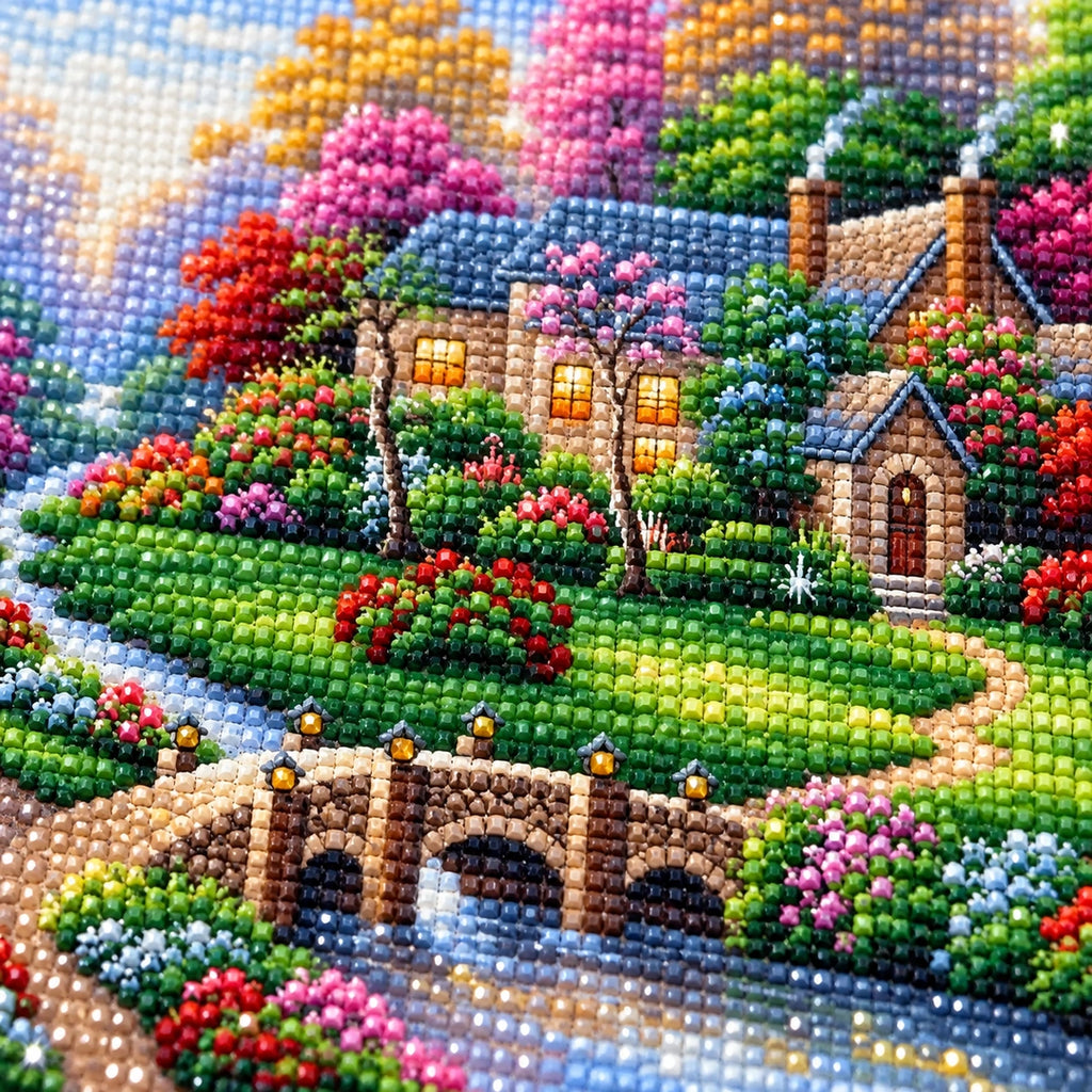 Blooming Lakeside Cottage Diamond Painting Kit diamond painting drills and canvas detail