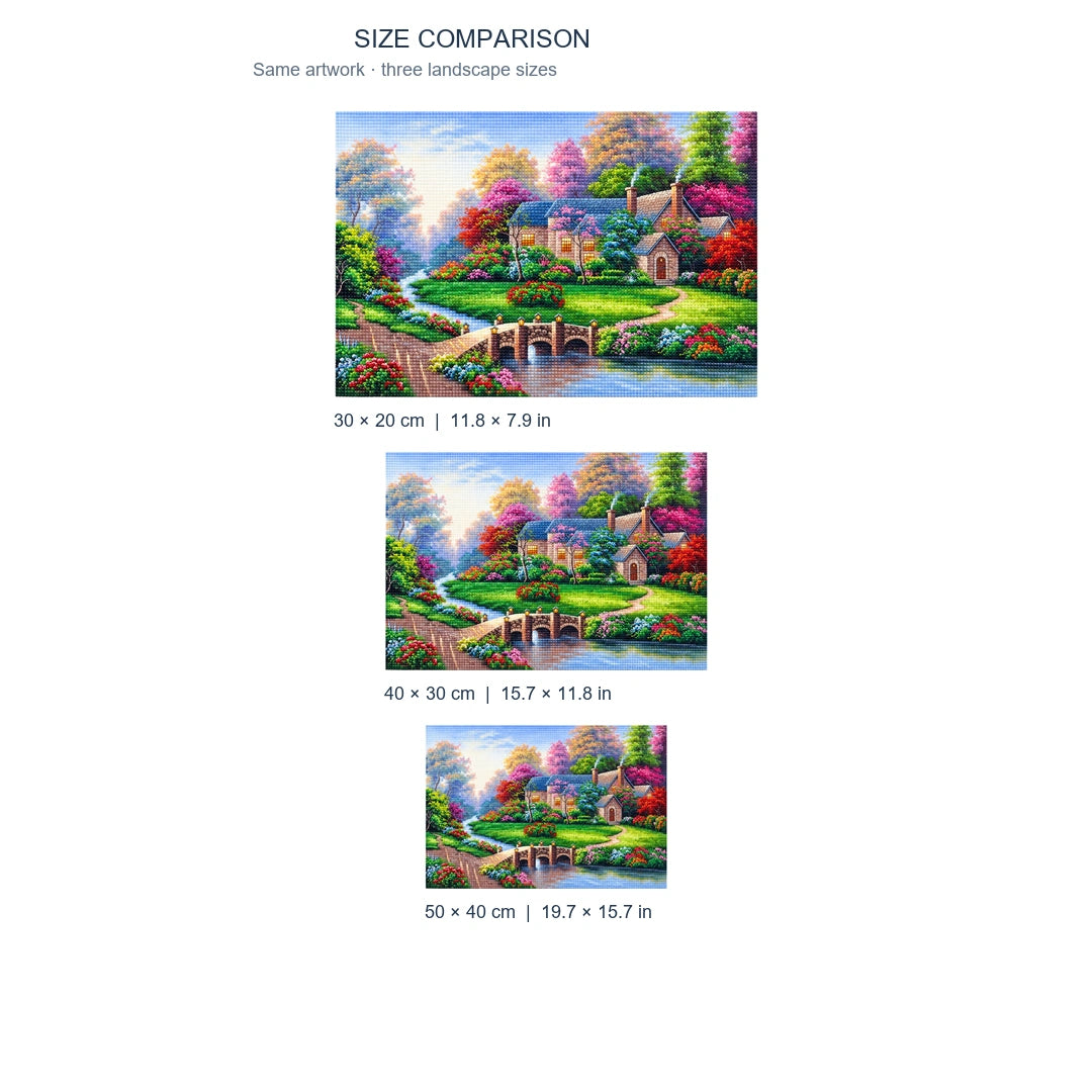 Blooming Lakeside Cottage Diamond Painting Kit diamond painting landscape size comparison