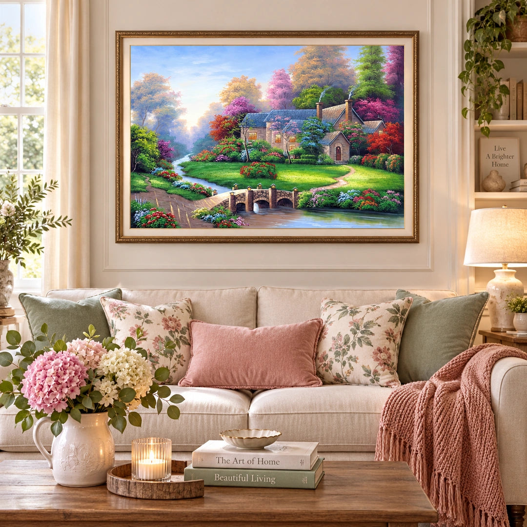Blooming Lakeside Cottage Diamond Painting Kit diamond painting home decor scene