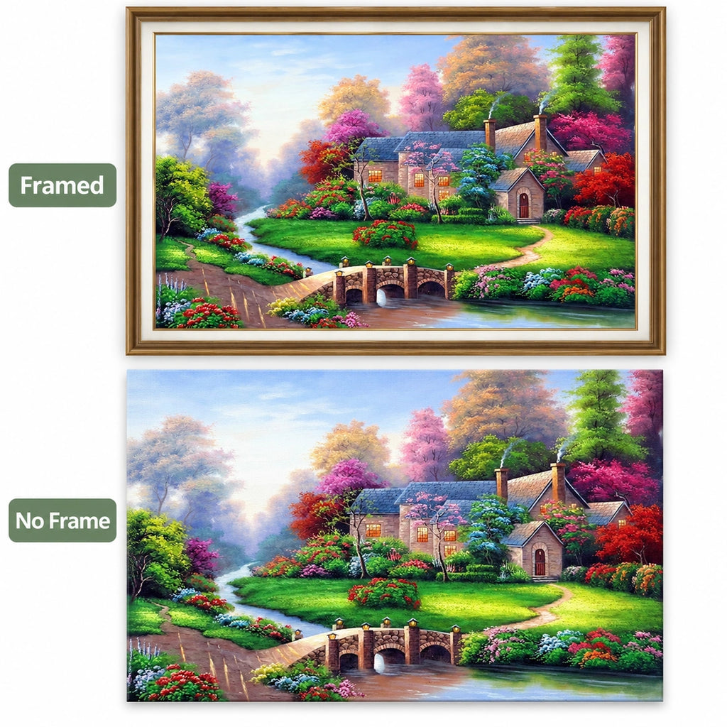 Blooming Lakeside Cottage Diamond Painting Kit diamond painting No Frame and Framed options
