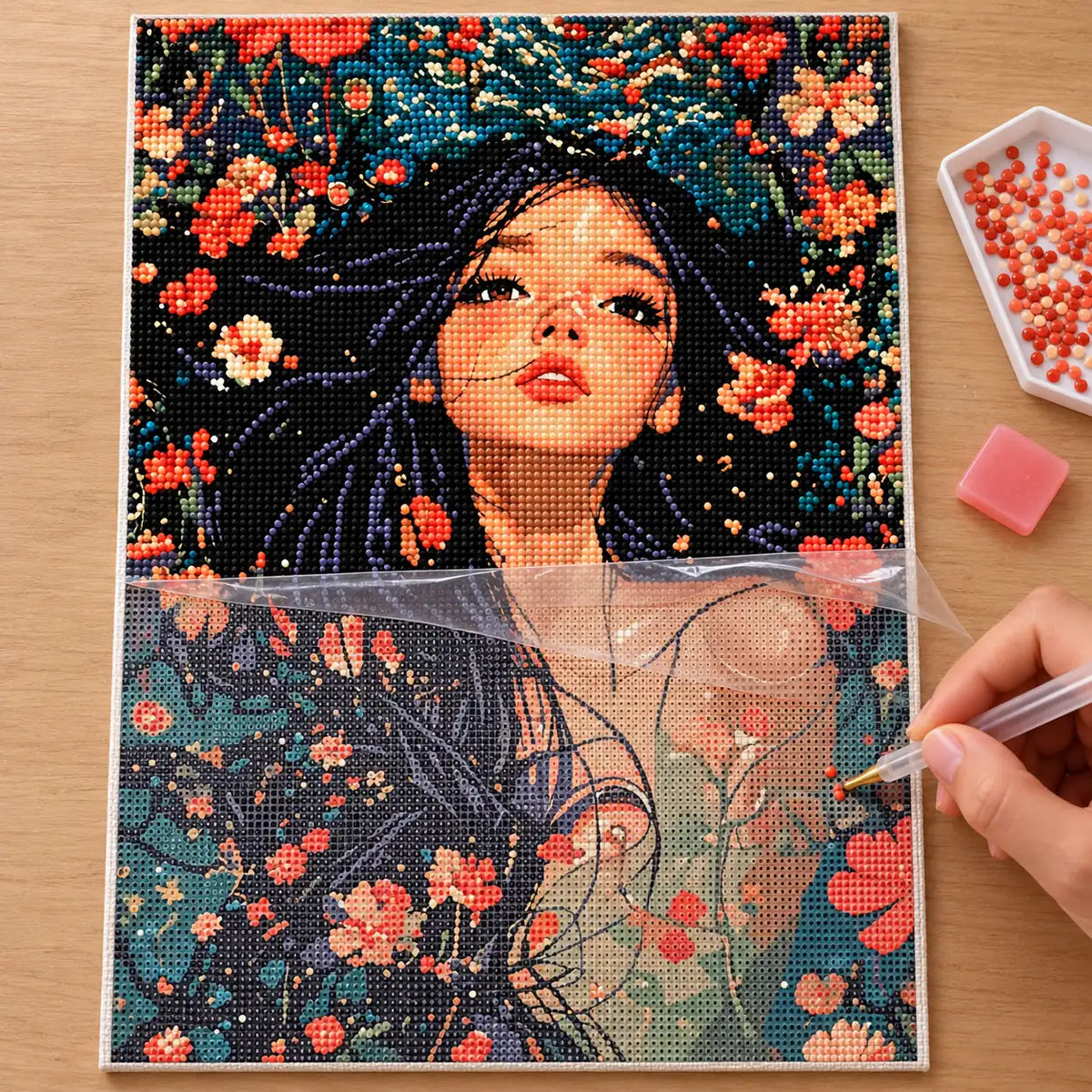Diamond painting process for blooming reverie.