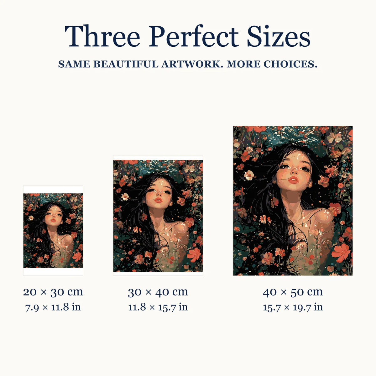 Size guide for Blooming Reverie Diamond Painting Kit: 20 × 30 cm, 30 × 40 cm, and 40 × 50 cm.