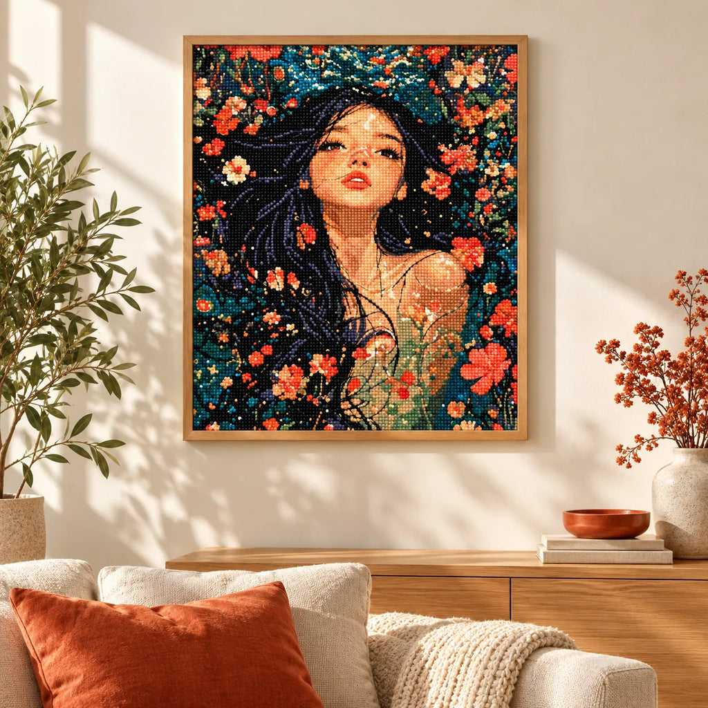 Home decor scene showing blooming reverie displayed on a wall.