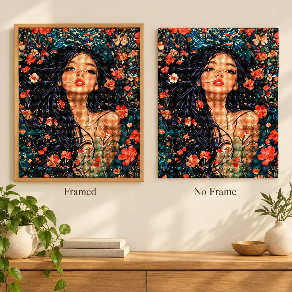 Framed and no-frame comparison for Blooming Reverie Diamond Painting Kit.