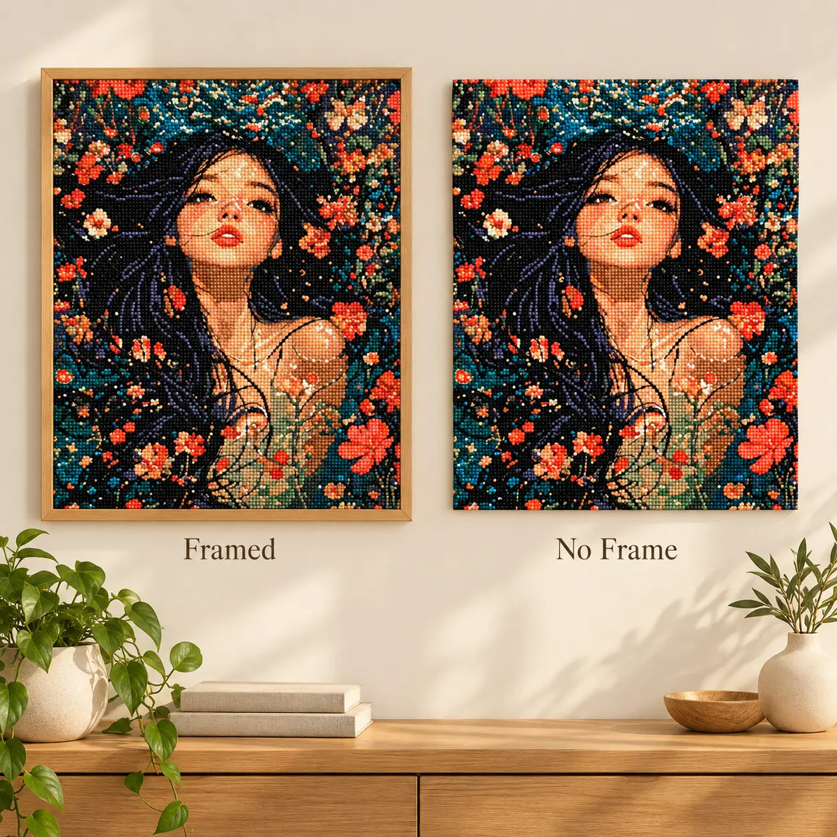 Framed and no-frame comparison for Blooming Reverie Diamond Painting Kit.
