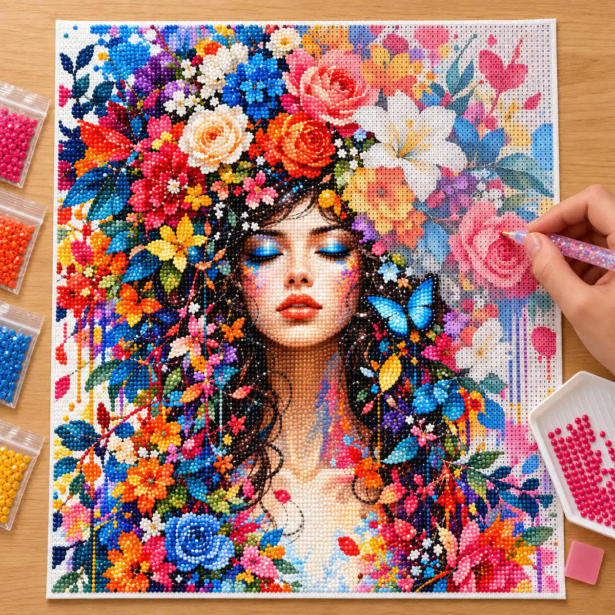 Diamond painting process for blooming serenity.