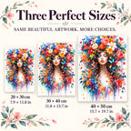 Size guide for Blooming Serenity Diamond Painting Kit: 20 × 30 cm, 30 × 40 cm, and 40 × 50 cm.