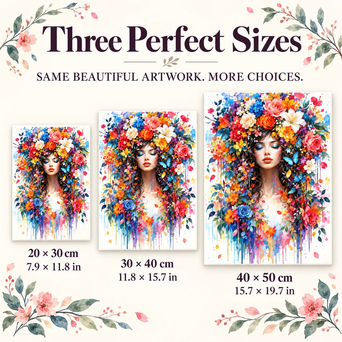 Size guide for Blooming Serenity Diamond Painting Kit: 20 × 30 cm, 30 × 40 cm, and 40 × 50 cm.