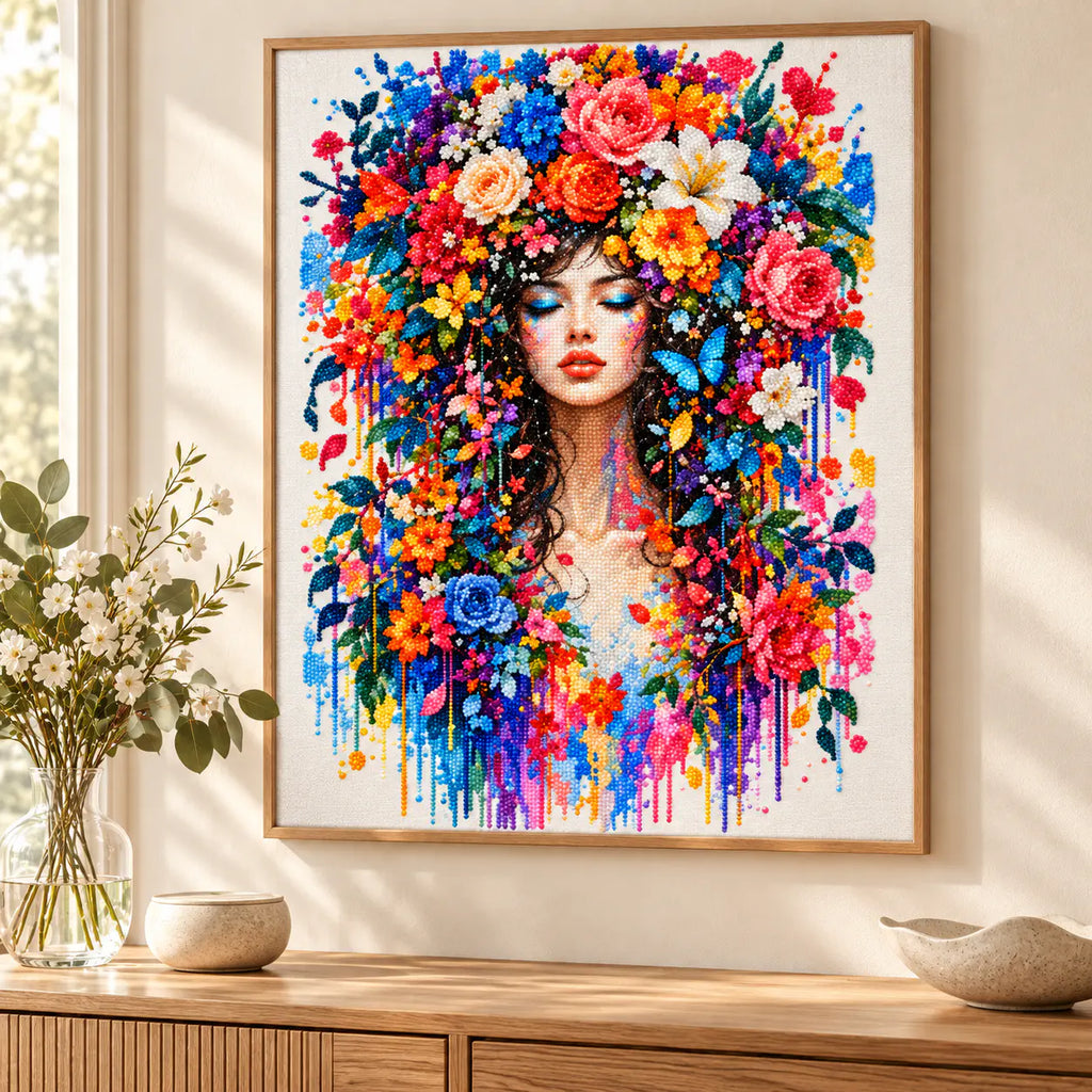 Home decor scene showing blooming serenity displayed on a wall.