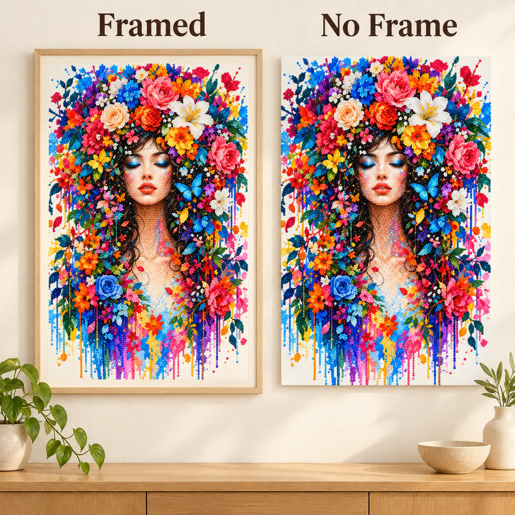 Framed and no-frame comparison for Blooming Serenity Diamond Painting Kit.