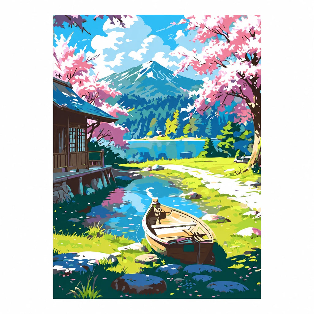 Original artwork for Blossoms By The Mountain Lake Diamond Painting Kit, featuring its landscape design.