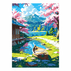 Original artwork for Blossoms By The Mountain Lake Diamond Painting Kit, featuring its landscape design.