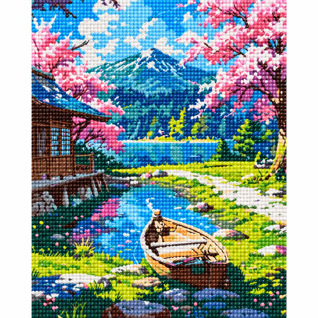 Finished diamond painting of Blossoms By The Mountain Lake, showing the complete artwork.