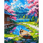 Finished diamond painting of Blossoms By The Mountain Lake, showing the complete artwork.