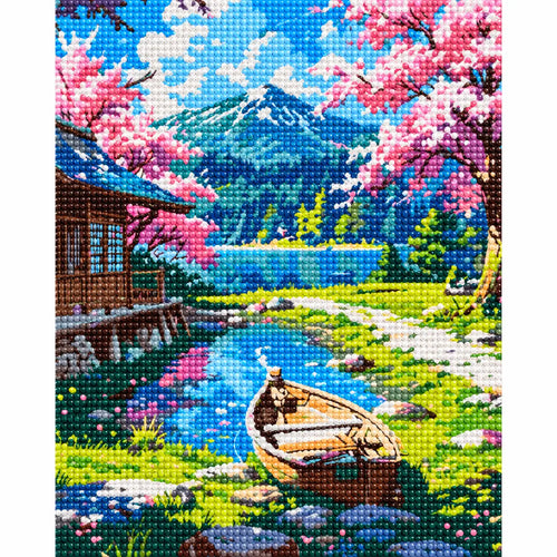 Finished diamond painting of Blossoms By The Mountain Lake, showing the complete artwork.