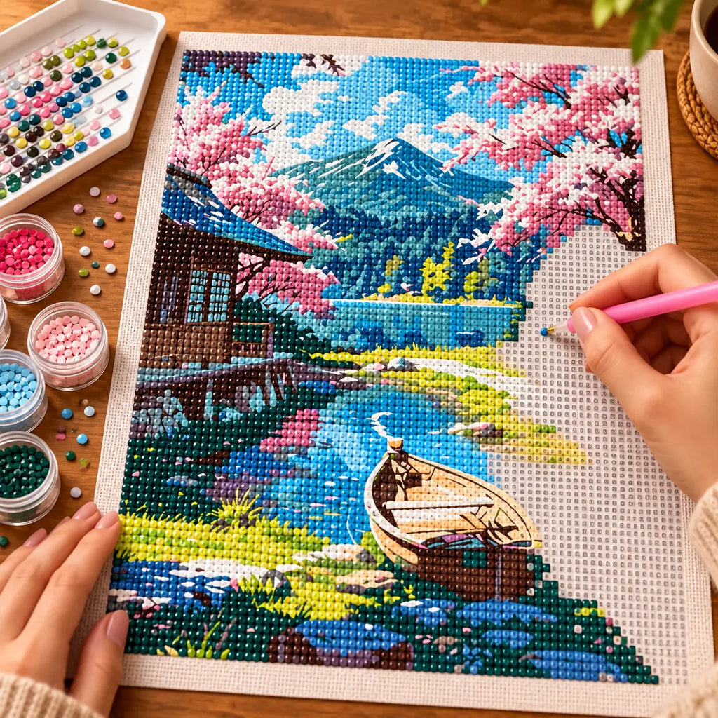 Hands placing diamond drills while working on the Blossoms By The Mountain Lake diamond painting.