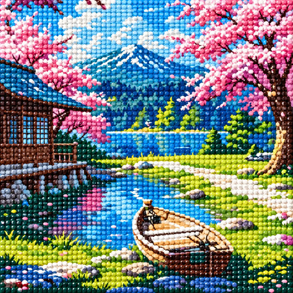 Close-up of the sparkling drill texture in the Blossoms By The Mountain Lake diamond painting.