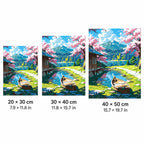 Size guide for Blossoms By The Mountain Lake Diamond Painting Kit: 20 × 30, 30 × 40, and 40 × 50 cm.