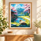 Blossoms By The Mountain Lake diamond painting displayed as home wall decor.