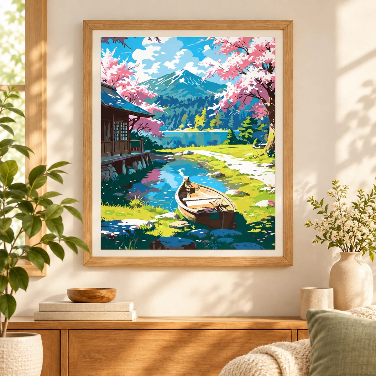 Blossoms By The Mountain Lake diamond painting displayed as home wall decor.