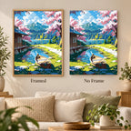 Framed and no-frame display comparison for Blossoms By The Mountain Lake Diamond Painting Kit.