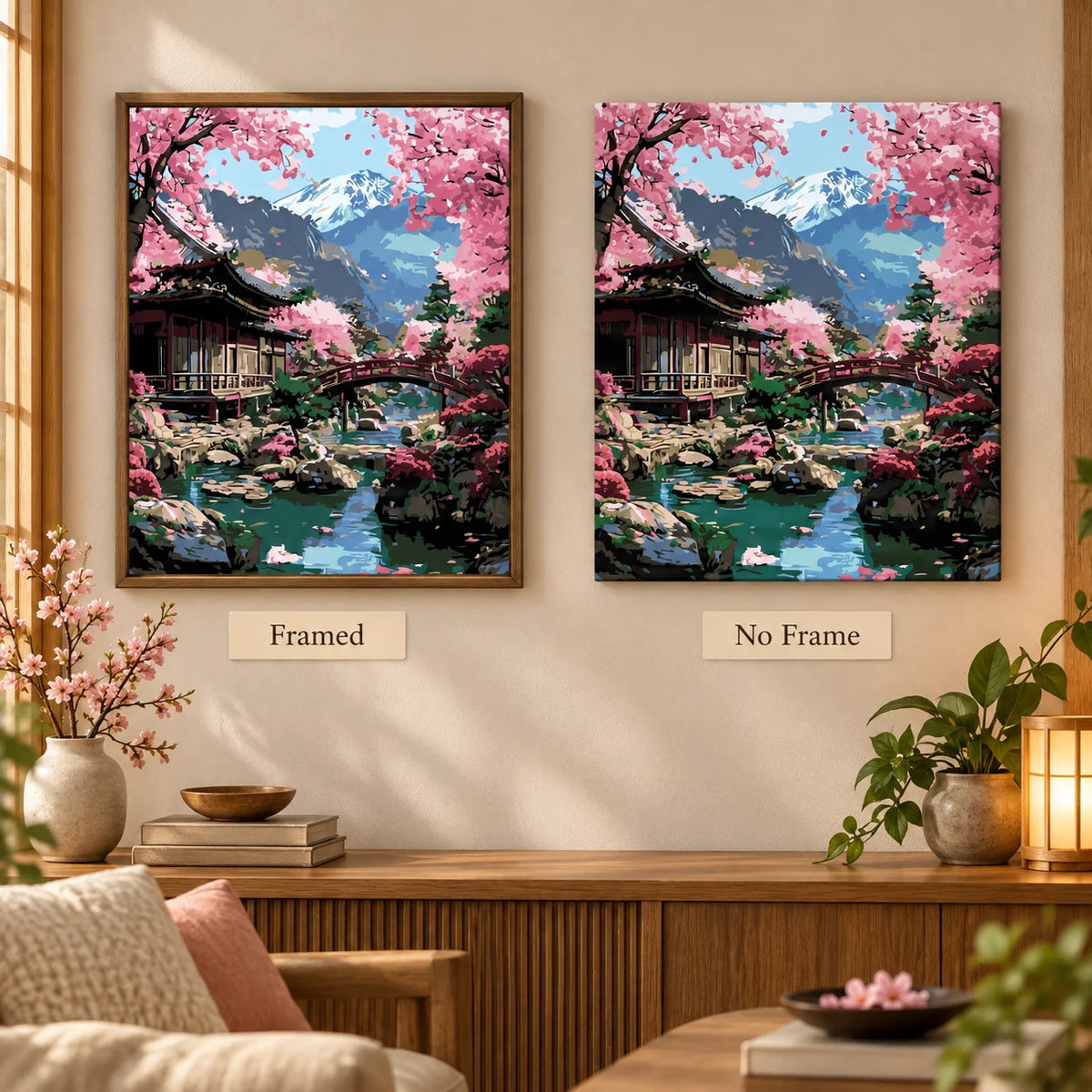 Framed and no-frame comparison for Blossoms Framing Fuji Diamond Painting Kit
