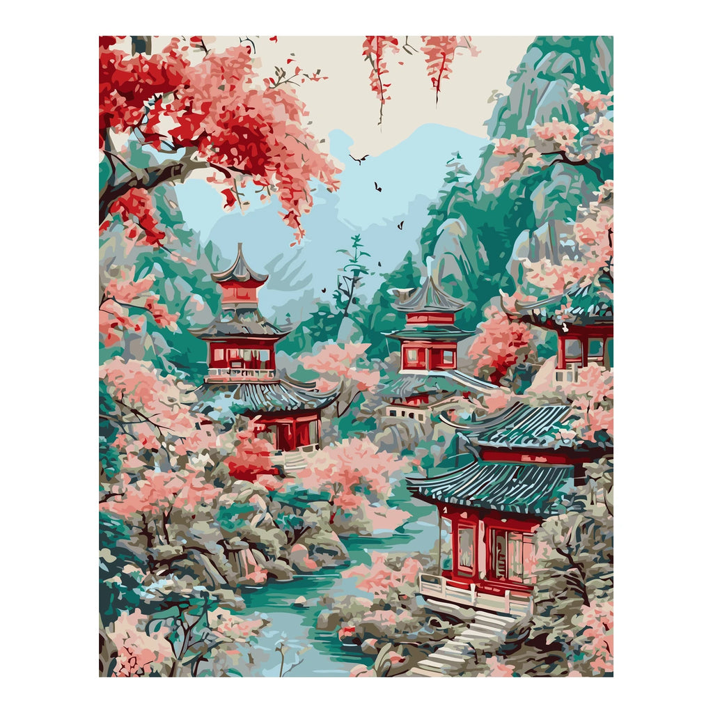 Original artwork for Blossoms Over Mountain Pagodas Diamond Painting Kit
