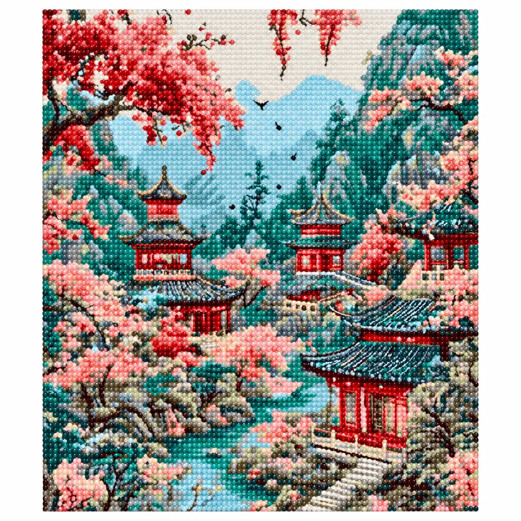 Finished diamond painting for Blossoms Over Mountain Pagodas Diamond Painting Kit