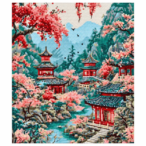 Finished diamond painting for Blossoms Over Mountain Pagodas Diamond Painting Kit
