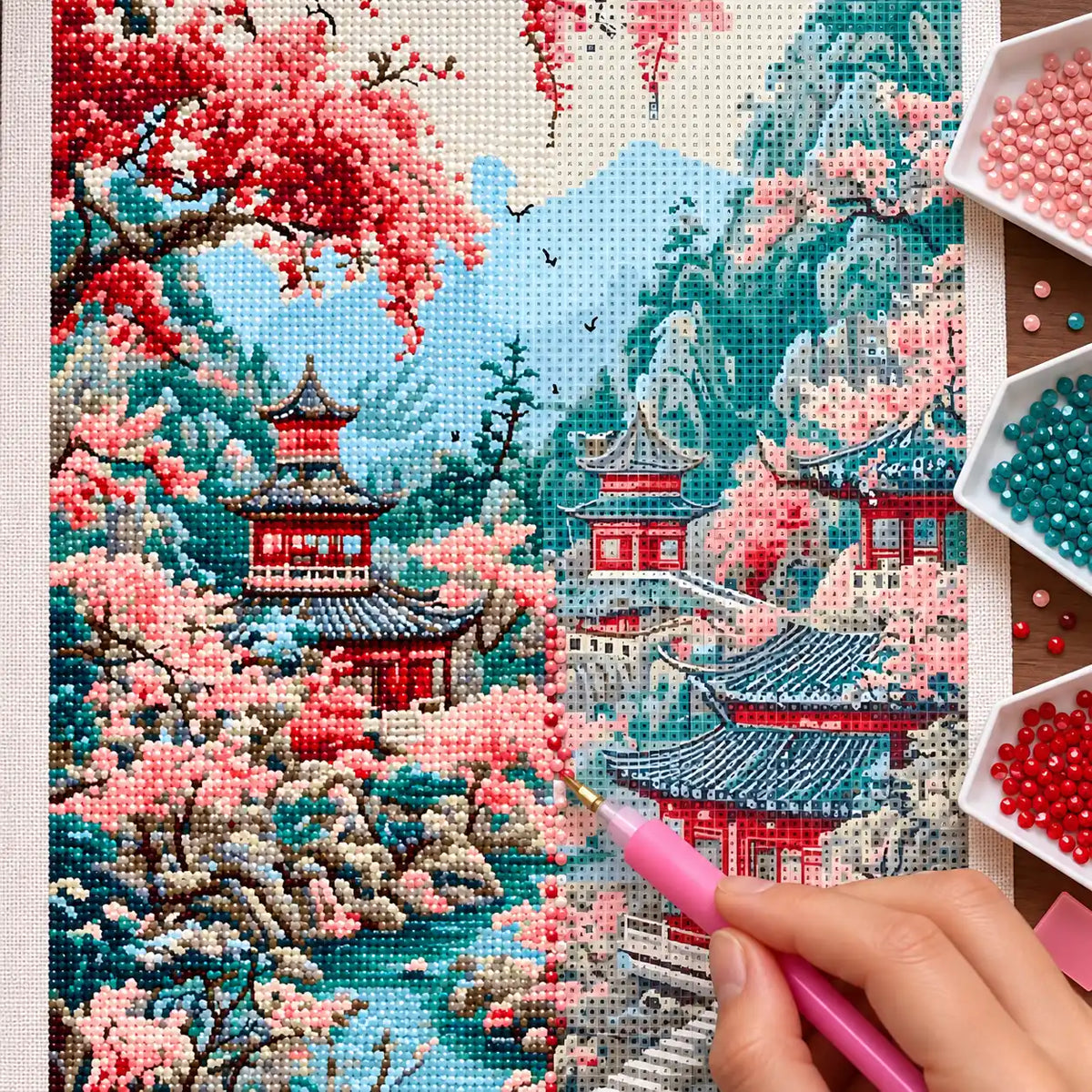Diamond painting process for Blossoms Over Mountain Pagodas Diamond Painting Kit