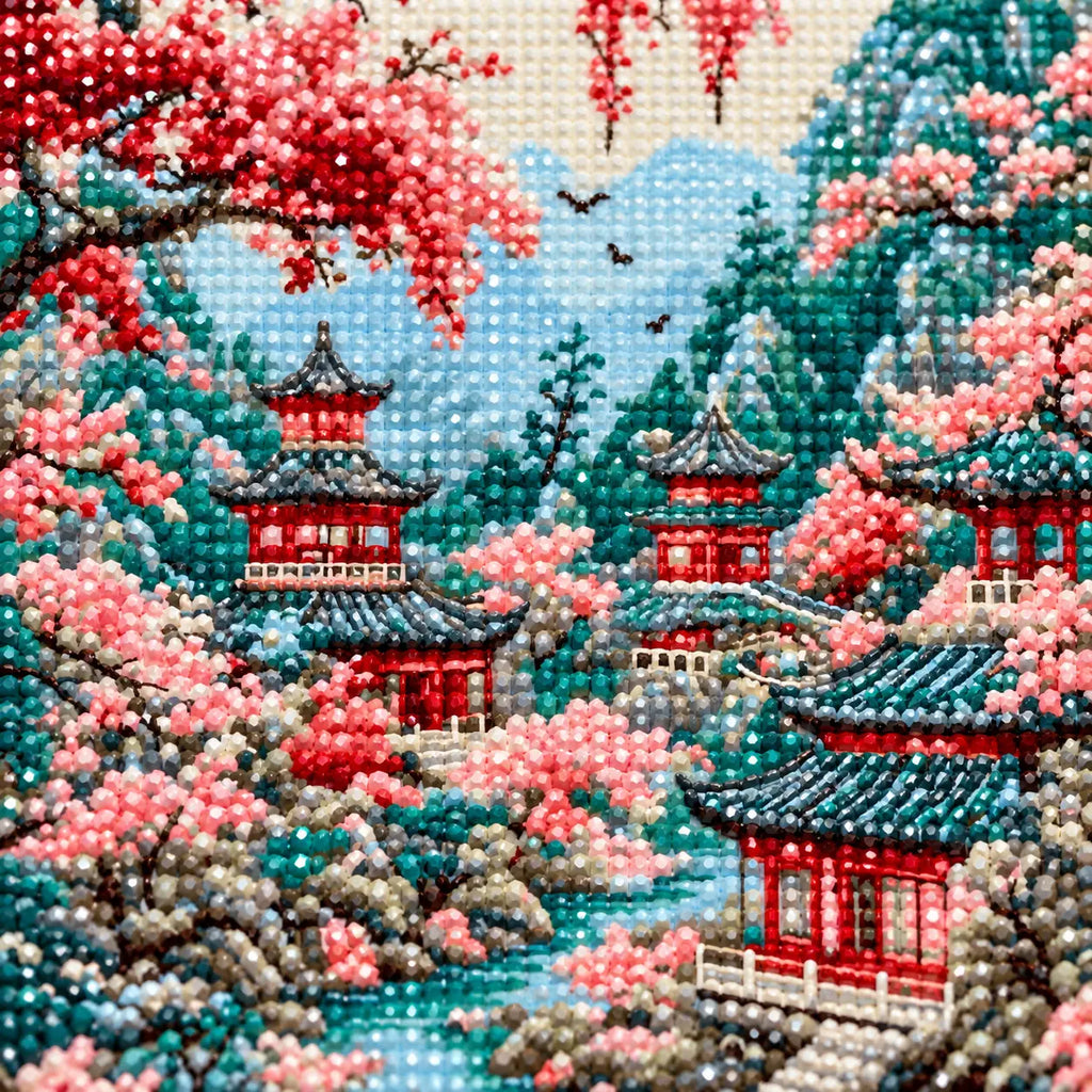 Diamond detail for Blossoms Over Mountain Pagodas Diamond Painting Kit