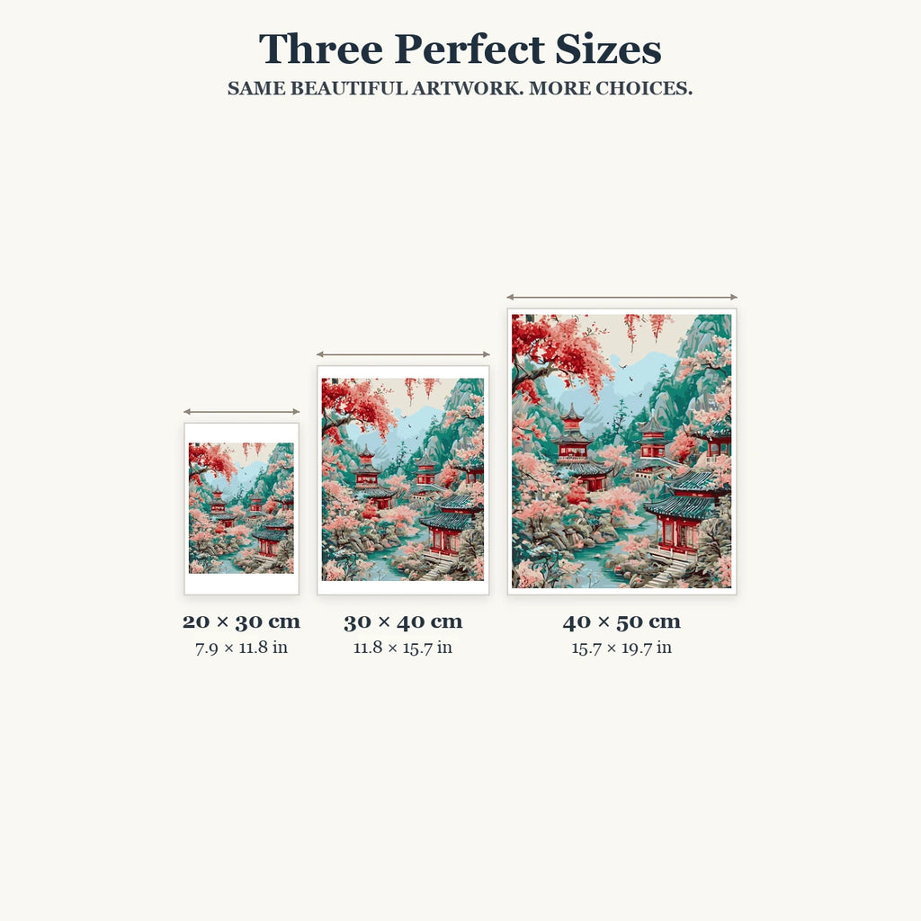 Size guide for Blossoms Over Mountain Pagodas Diamond Painting Kit