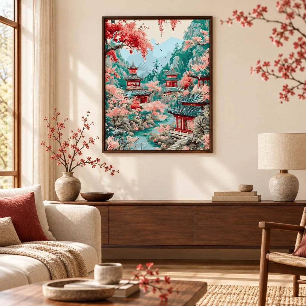 Home decor scene for Blossoms Over Mountain Pagodas Diamond Painting Kit