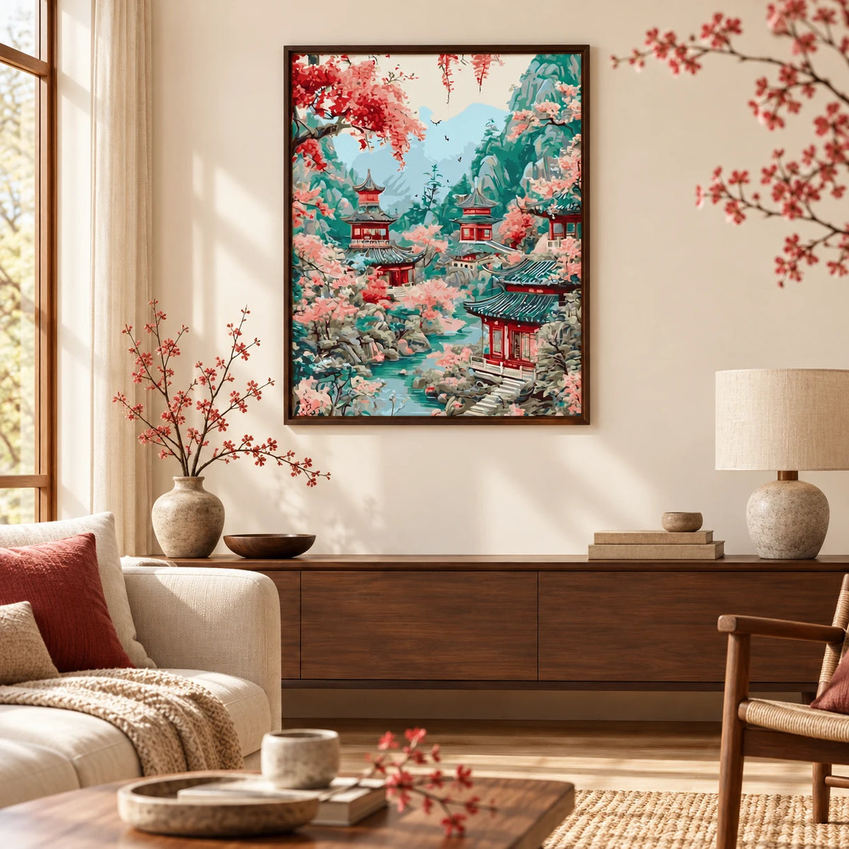 Home decor scene for Blossoms Over Mountain Pagodas Diamond Painting Kit