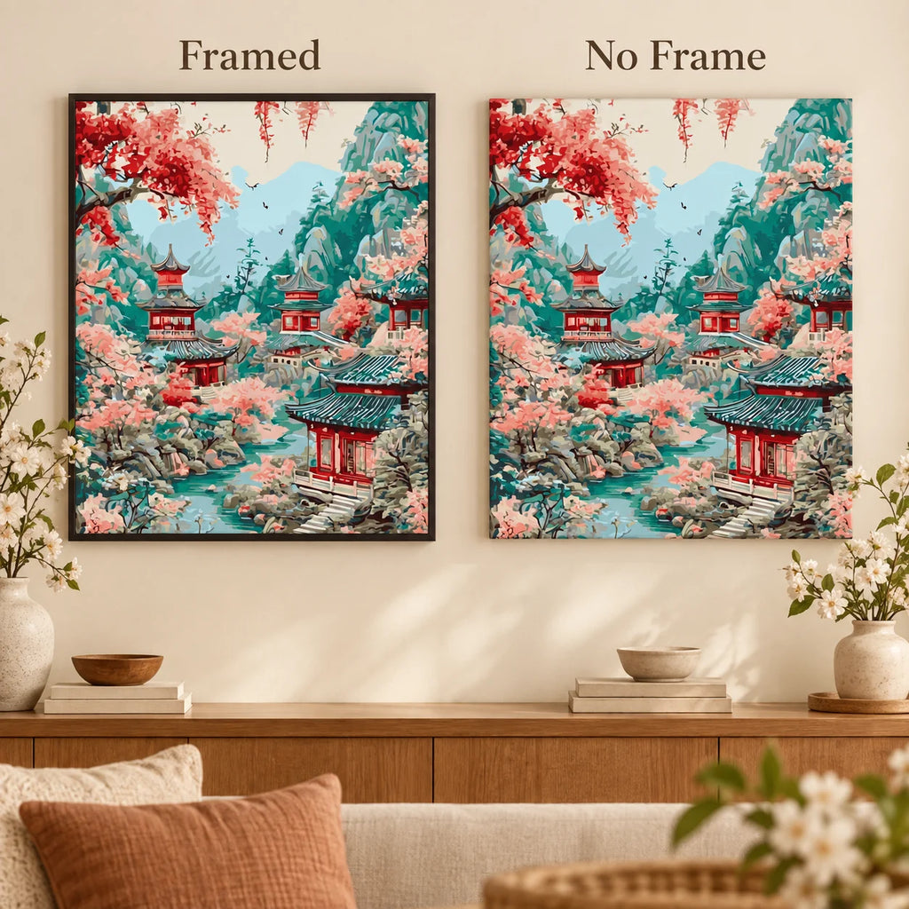 Framed and no-frame comparison for Blossoms Over Mountain Pagodas Diamond Painting Kit