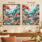 Framed and no-frame comparison for Blossoms Over Mountain Pagodas Diamond Painting Kit