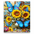 Blue Butterflies and Sunflowers paint by numbers artwork on a front-facing canvas against a white background
