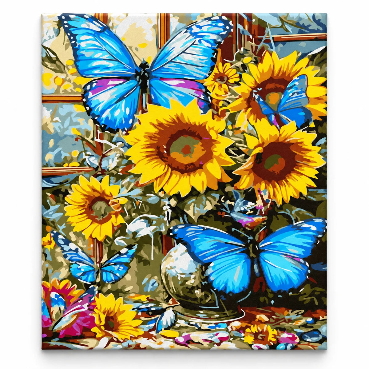 Blue Butterflies and Sunflowers paint by numbers artwork on a front-facing canvas against a white background