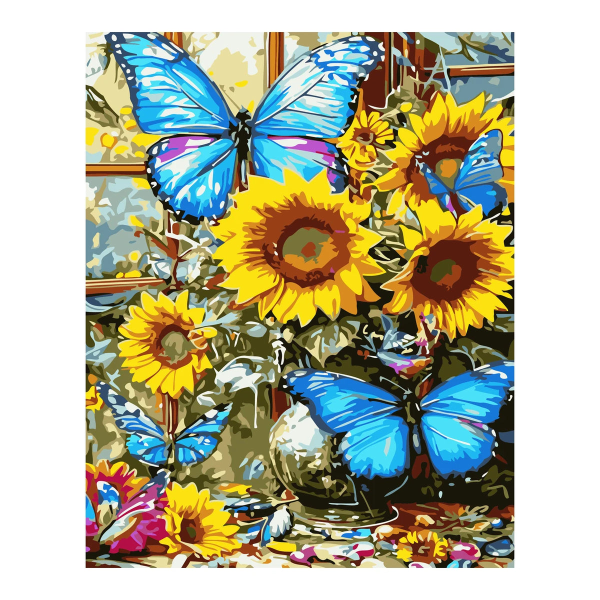 Blue Butterflies and Sunflowers completed artwork on a clean white background